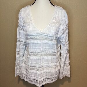 Lace TiMo Long‎ Sleeve off-white Lace Top, Size Large, v-neck, Long sleeve